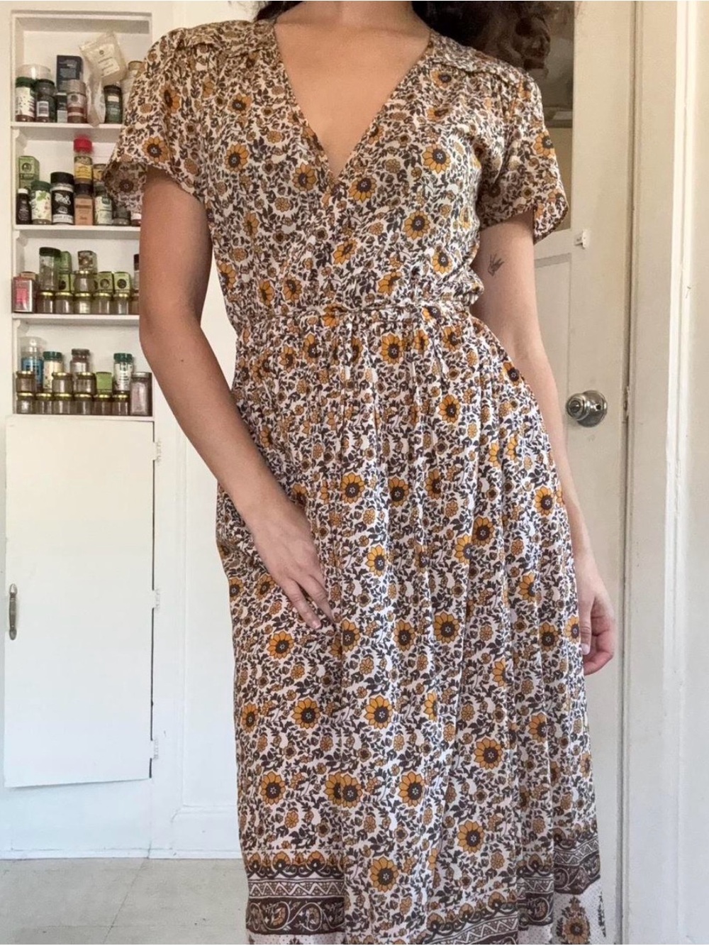 Christy Dawn Mustard and Cream Floral V-Neck Midi Dress